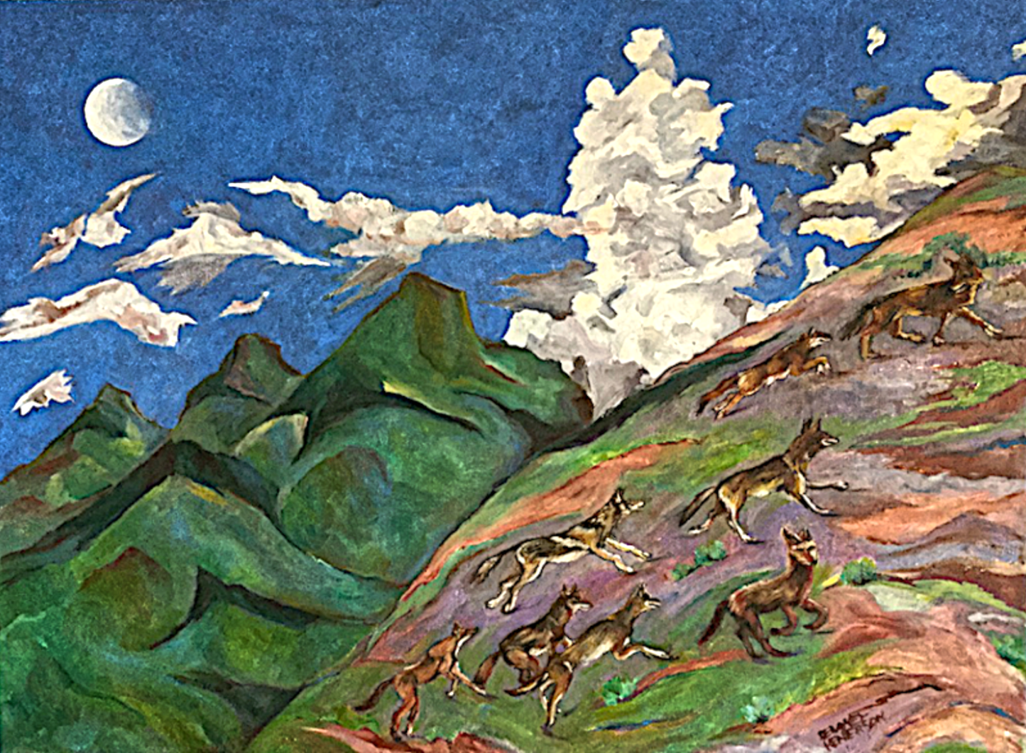 Coyote Footrace Oil on Canvas Painting