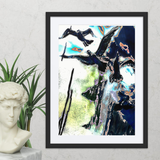 Framed Painted Birds of the Crevasse  Fine Art Poster, Red Oak or Black 18" x 24"
