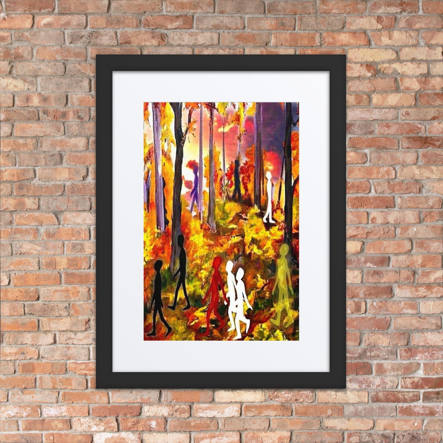 Autumn Spirits - Framed Surreal autumn forest landscape art print featuring multicolored silhouettes walking among fall trees with a vivid, dramatic red and yellow sky, displayed on a brick wall.