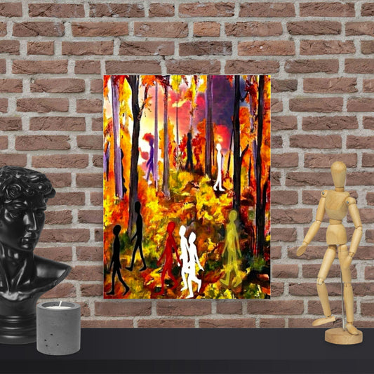 Framed Autumn Spirits art print displayed on a brick wall next to a decorative mannequin and candle