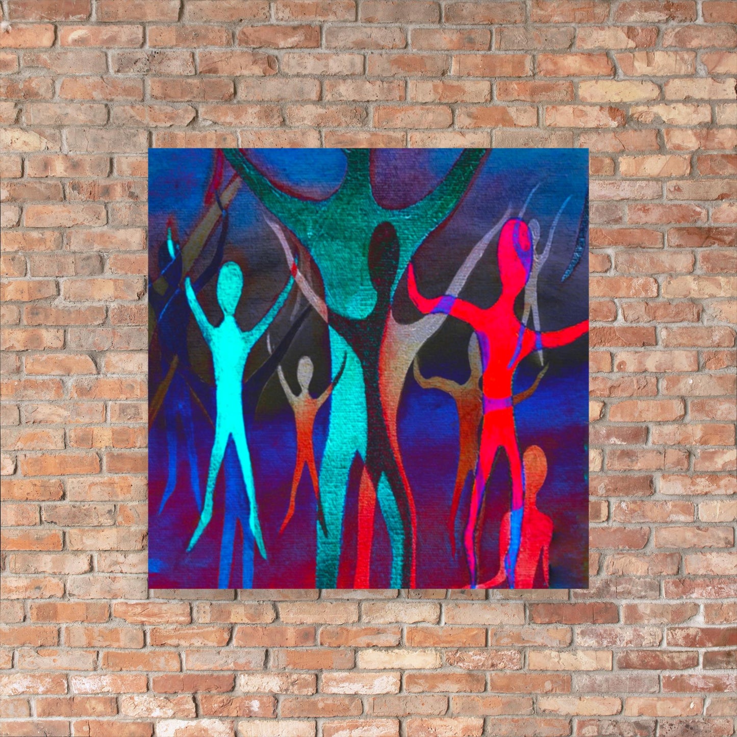 Dancing Spirits is a colorful abstract art print of silhouetted figures against a dark background.