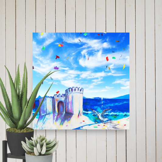Let's go to the Beach is a Colorful sandcastle beach illustration with seagulls and festive confetti under a clear blue sky art print on a wall with a plant.