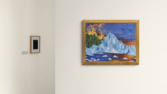 'Melting Planet' framed original oil painting displayed in a gallery setting, Dramatic environmental climate change art.