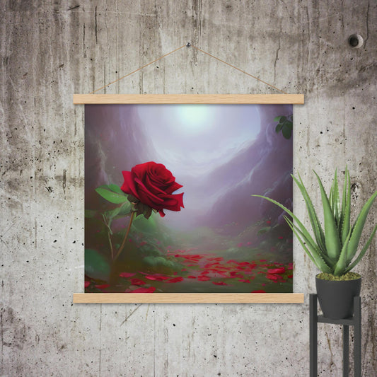 The Rose surreal floral wall art print with wood hangers featuring a blooming red rose, scattered petals, soft glowing celestial light, and moody canyon landscape. Displayed with potted plant on a marble wall.