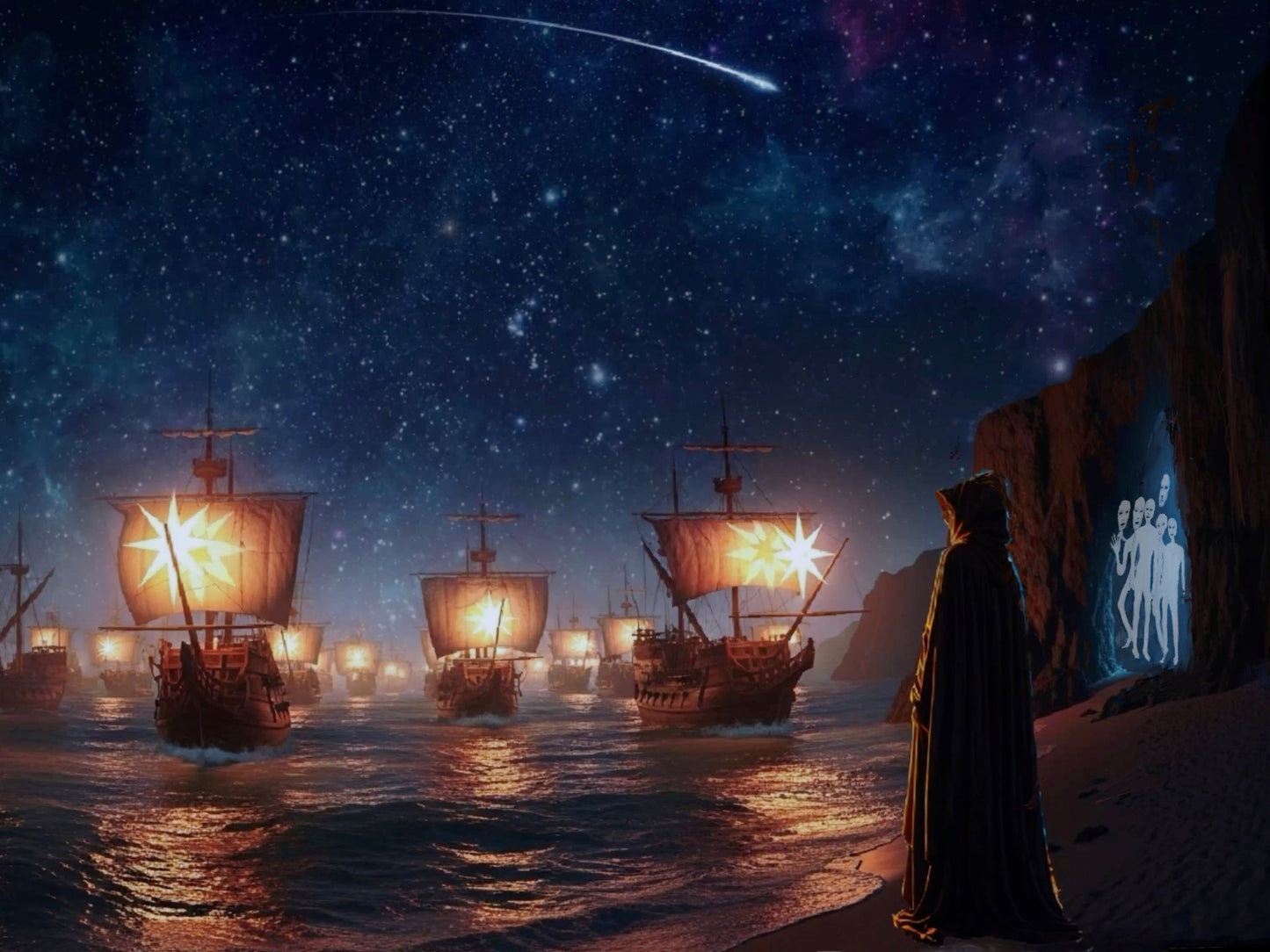 Mystical art print of sailing ships with star sails on night waters, a shooting star, and a cloaked figure by cave spirits