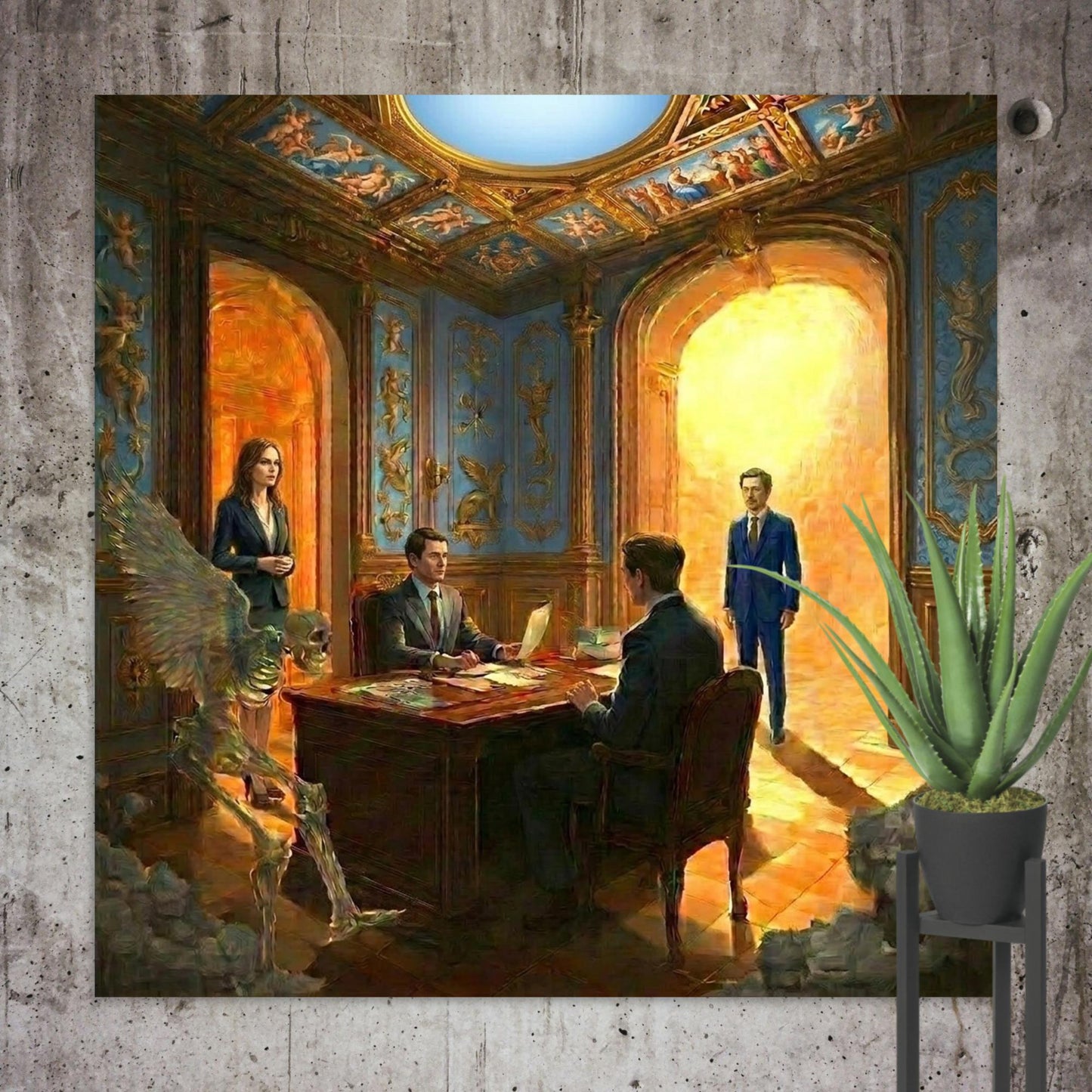 The Panel Art Print - A mysterious fantasy illustration of an ancient council making a fateful decision while otherworldly beings observe from the darkness. Displayed on a marble wall with a potted plant.