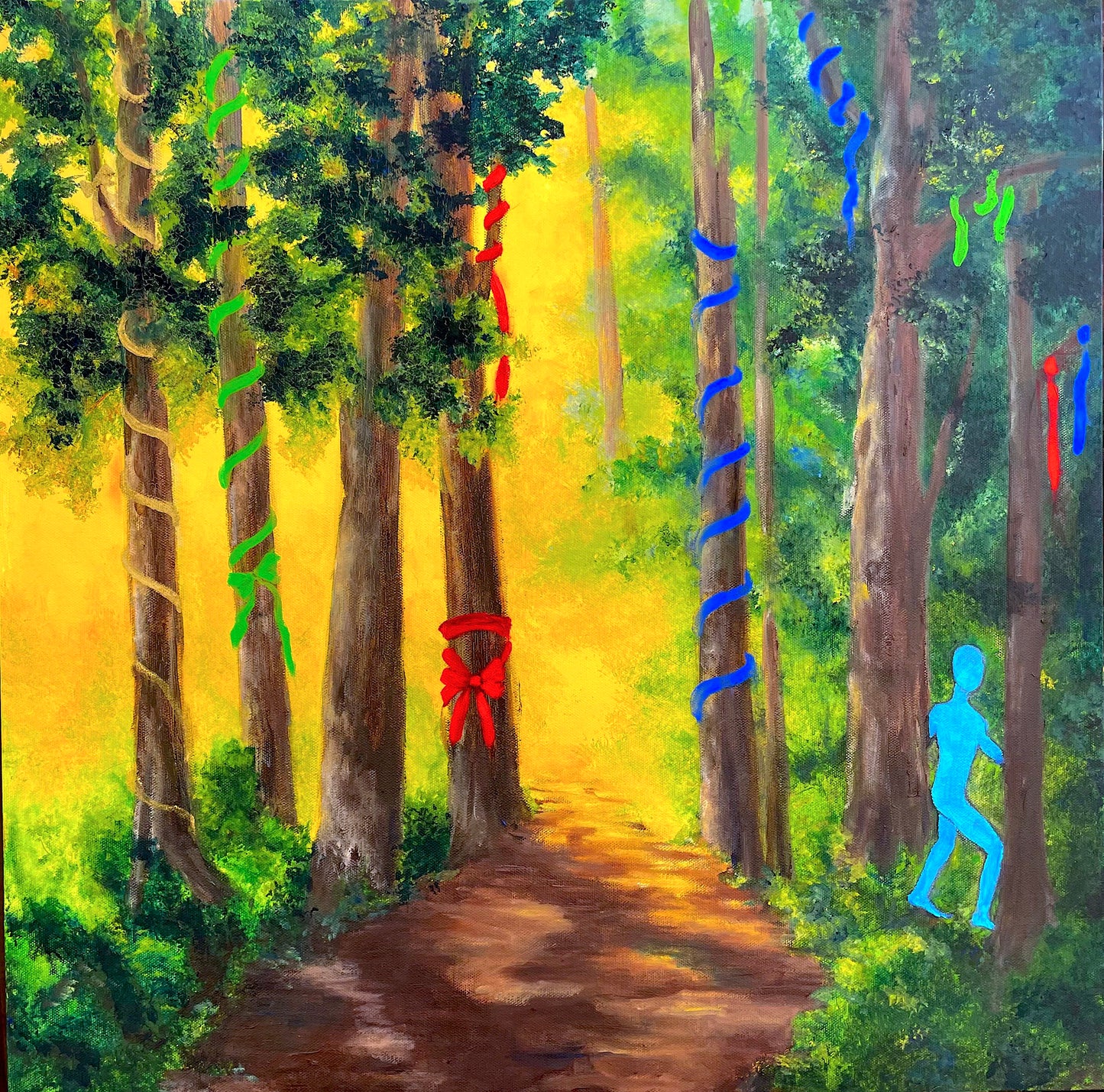 Blue Guy in the Woods 24” X 24” oil painting