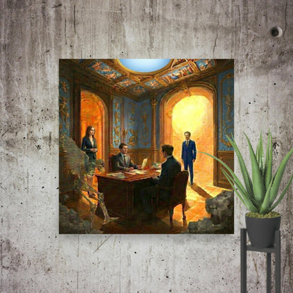 Surreal art print of a formal meeting in an ornate room with suited figures, a man standing in a glowing portal, and a winged skeleton watching, displayed on a marble wall with potted plant.