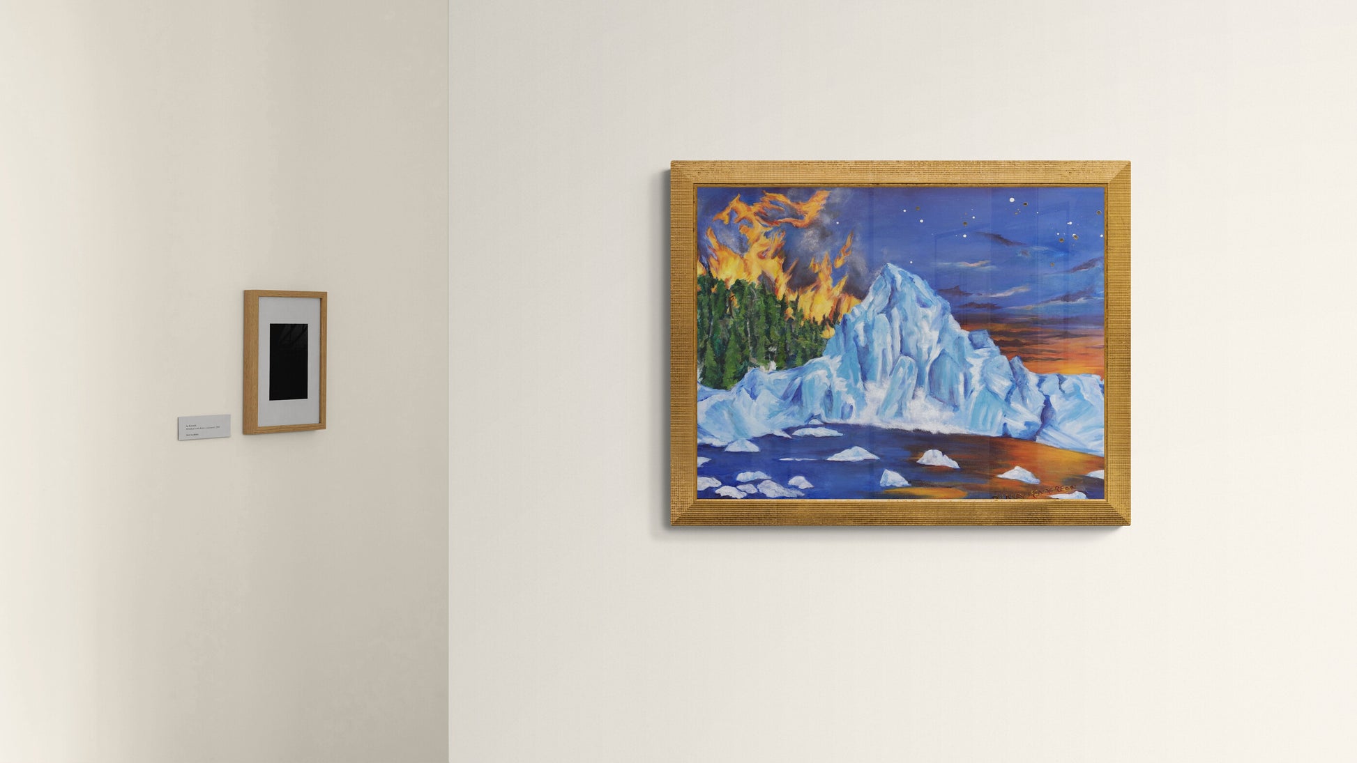 'Melting Planet' framed original oil painting displayed in a gallery setting, Dramatic environmental climate change art.