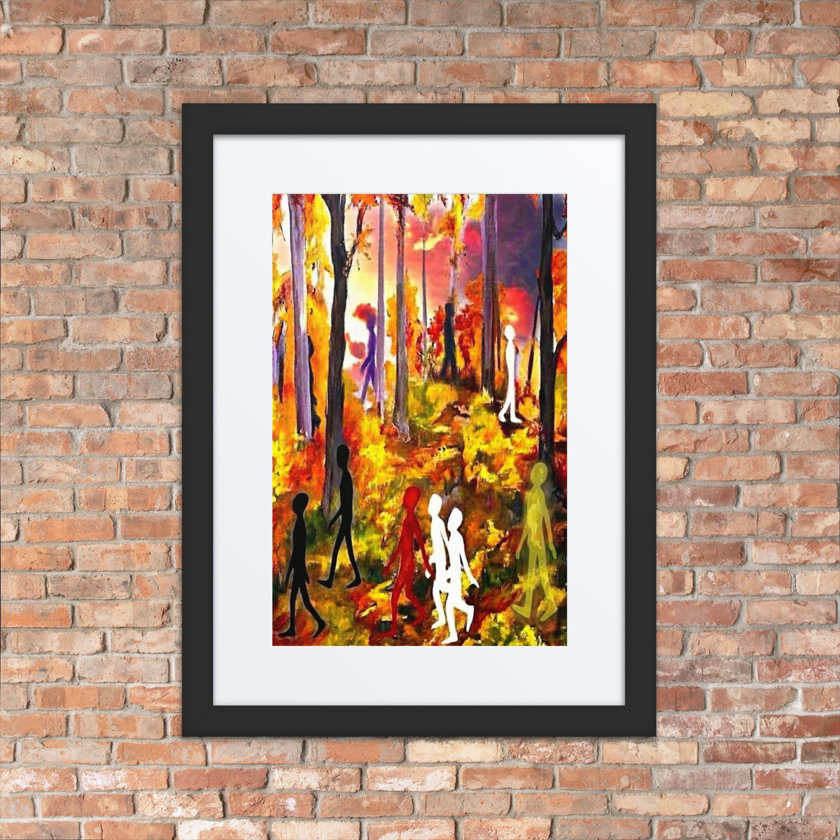 Autumn Spirits - Framed Surreal autumn forest landscape art print featuring multicolored silhouettes walking among fall trees with a vivid, dramatic red and yellow sky, displayed on a brick wall.