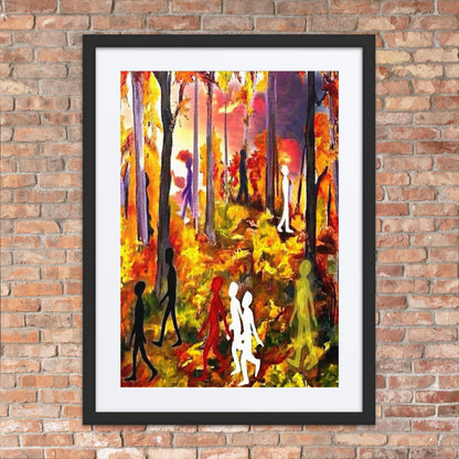 Autumn Spirits - Surreal autumn forest landscape art print featuring multicolored silhouettes walking among fall trees with a vivid, dramatic red and yellow sky. Framed and displayed on a brick wall.