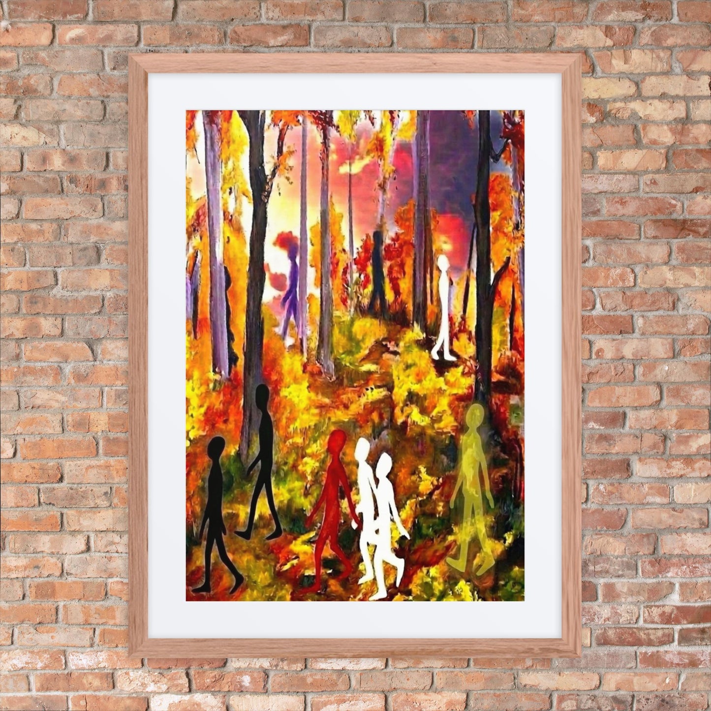Autumn Spirits framed art print, expressionist autumn forest scene with colorful silhouettes walking through trees