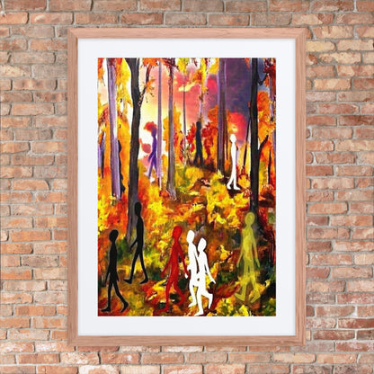 Autumn Spirits framed art print, expressionist autumn forest scene with colorful silhouettes walking through trees