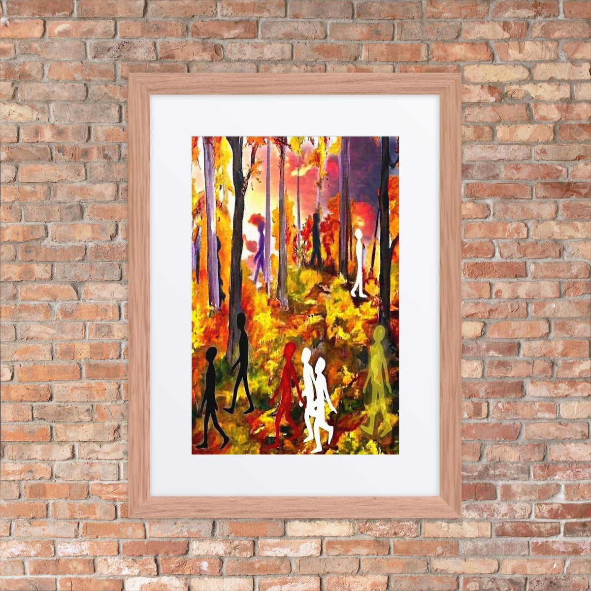 Framed Autumn Spirits expressionist art print of an autumn forest with black, white, red, and yellow figure silhouettes