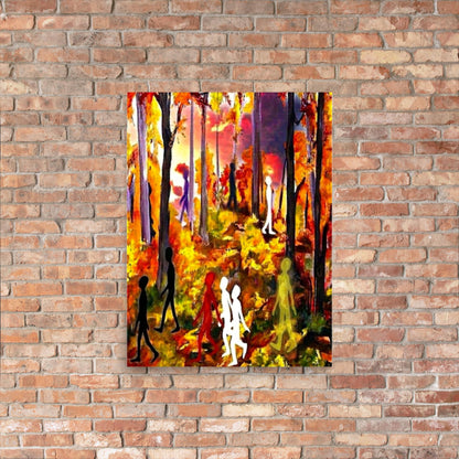 Vibrant expressionist forest art print featuring black, white, red, and yellow silhouettes walking through autumn trees