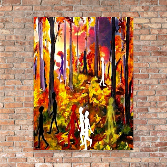 Autumn Spirits abstract art print of a vibrant autumn forest with black, white, red, and yellow figure silhouettes