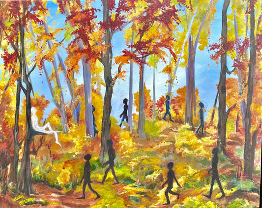 Delaney Henderson original oil painting titled Autumn Spirits featuring a vibrant red, gold, and orange autumn forest with shadowy silhouette figures walking through trees and a glowing white spirit sitting on a tree branch.