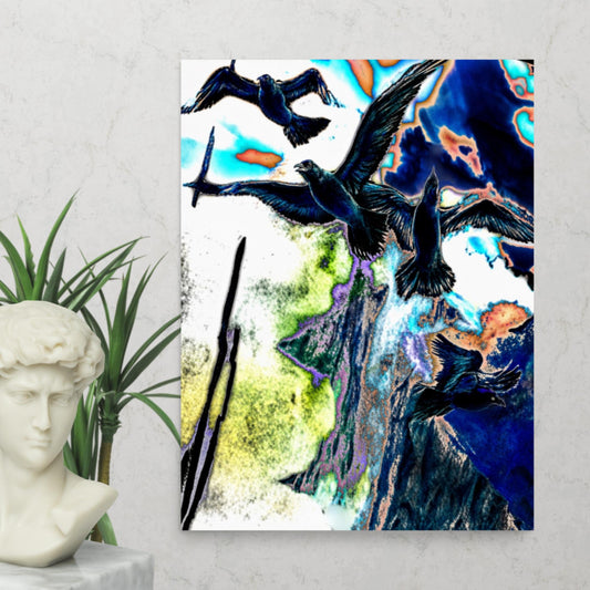 Blackbirds psychedelic nature art print featuring black crows in flight against a vibrant blue, green, and orange sky