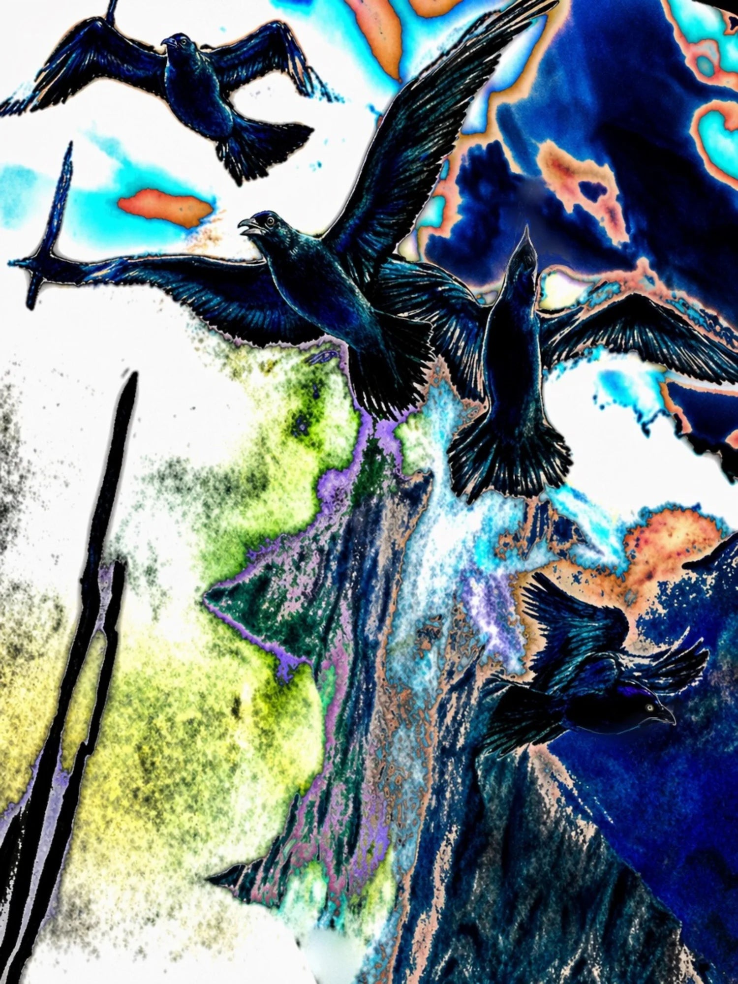 Abstract art print featuring four black birds flying over a colorful blue, green, and orange textured landscape.