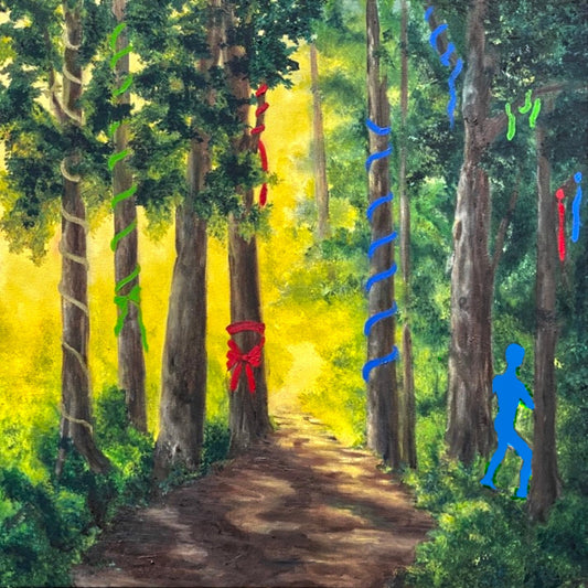 'Blue Guy in the Woods',
oil painting featuring a mysterious blue spirit walking among trees wrapped in colorful ribbons.