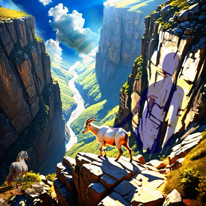 Canyon Wonderland fantasy fine art print featuring a mountain goat, unicorn, vibrant green river valley, and mysterious cliff shadow wall art
