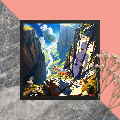 Vibrant fantasy art print depicting a mountain goat perched on a rocky ledge above a deep canyon, with a unicorn to the left and a large silhouette cast on the cliff face. DIsplayed on a stone surface framed.