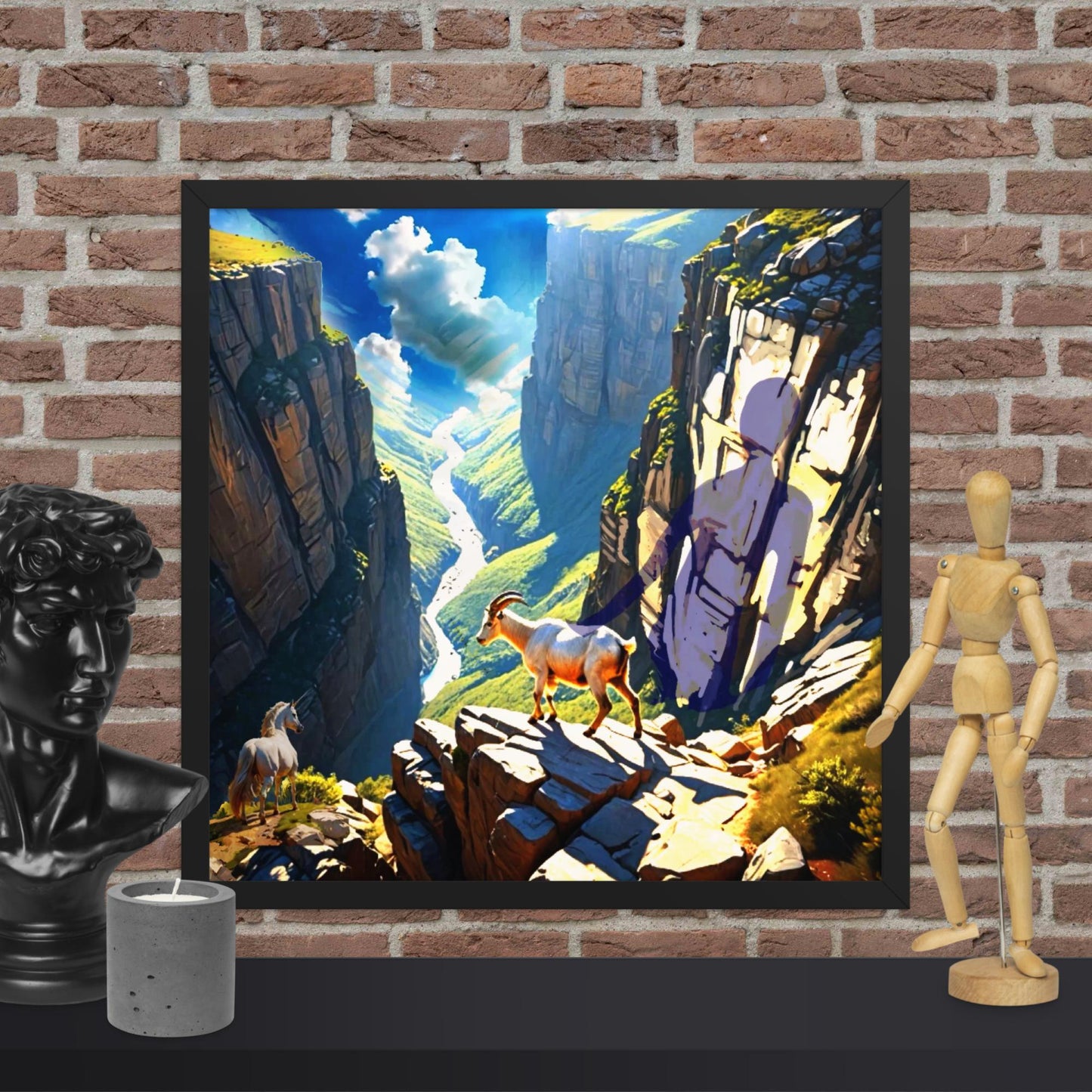 Framed fantasy print of a unicorn, mountain goat, and a shadow figure overlooking a dramatic river canyon