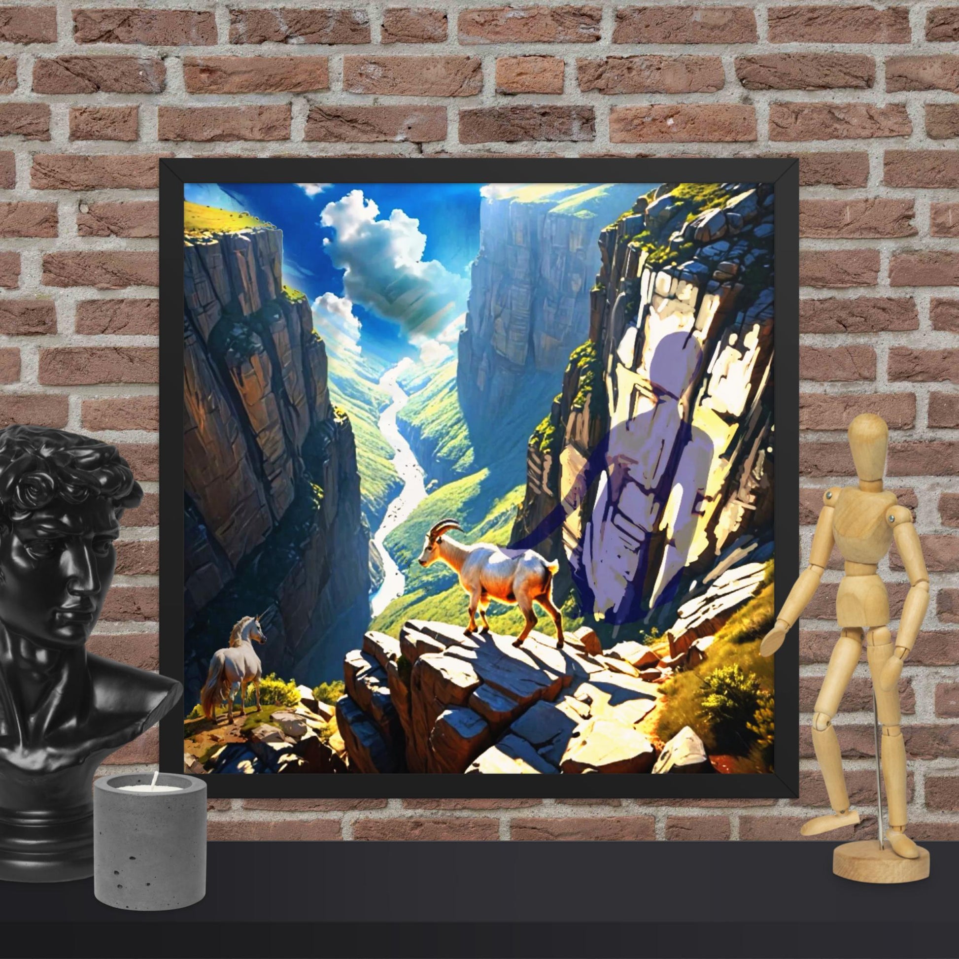 Framed fantasy print of a unicorn, mountain goat, and a shadow figure overlooking a dramatic river canyon