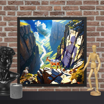 Framed fantasy print of a unicorn, mountain goat, and a shadow figure overlooking a dramatic river canyon