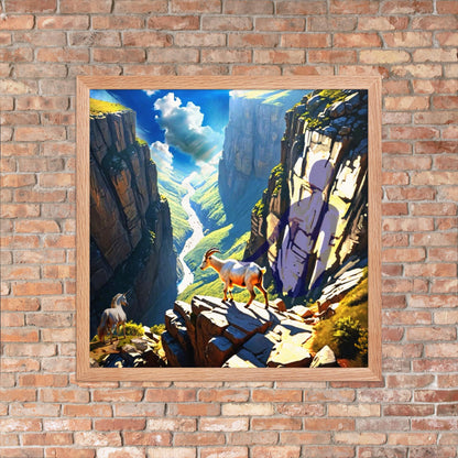 Framed Fantasy landscape art print showing a mountain goat and unicorn perched high above a deep green canyon and winding river displayed on a brick wall.