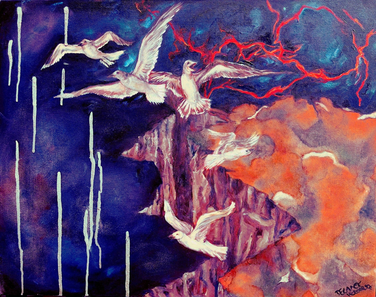 22x28 Original original oil painting of white birds flying near a cliff during a dramatic lightening storm with orange clouds and blue sky.