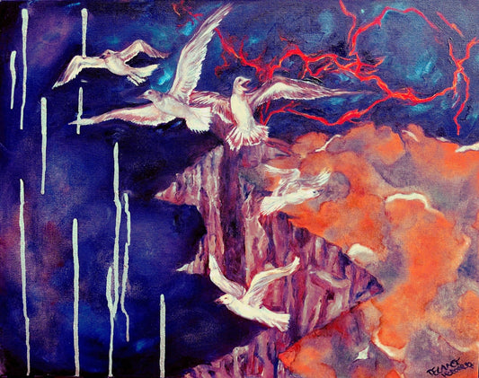 22x28 Original original oil painting of white birds flying near a cliff during a dramatic lightening storm with orange clouds and blue sky.