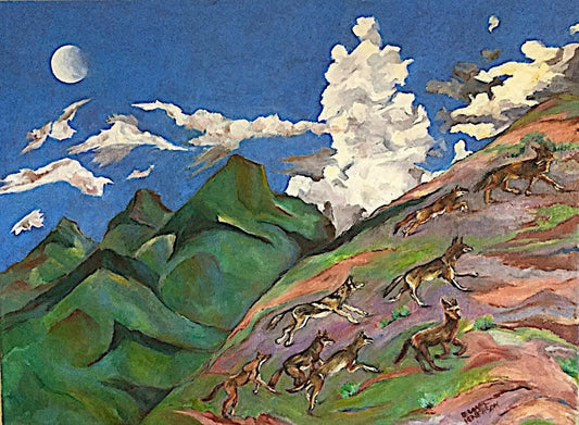 Oriiginal wildlife oil painting on canvas of coyotes running up a mountain under a full moon by Delaney Henderson.