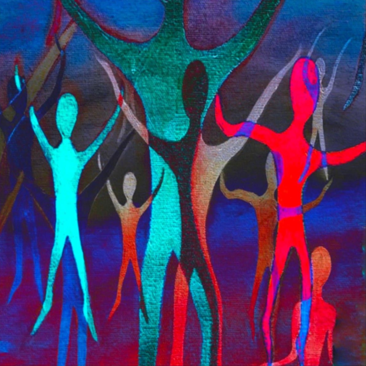 Dancing Spirits art print, abstract expressionist colorful silhouettes dancing against a dark textured canvas