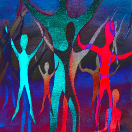 Dancing Spirits art print, abstract expressionist colorful silhouettes dancing against a dark textured canvas