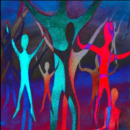 Dancing Spirits abstract art print featuring vibrant blue, red, and black figure silhouettes on a dark canvas