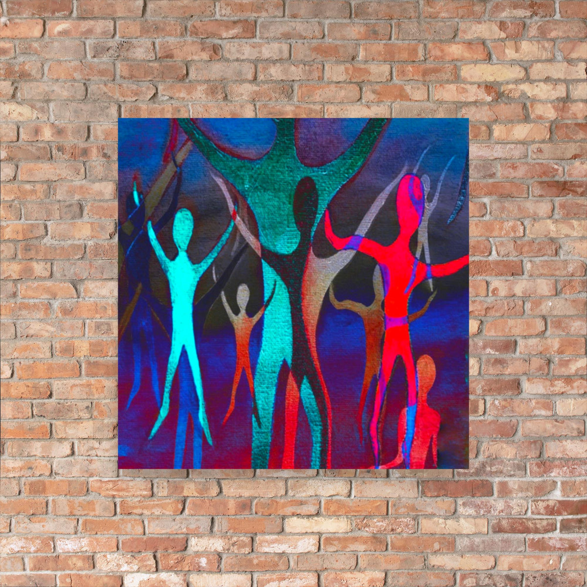 Dancing Spirits is a colorful abstract art print of silhouetted figures against a dark background.