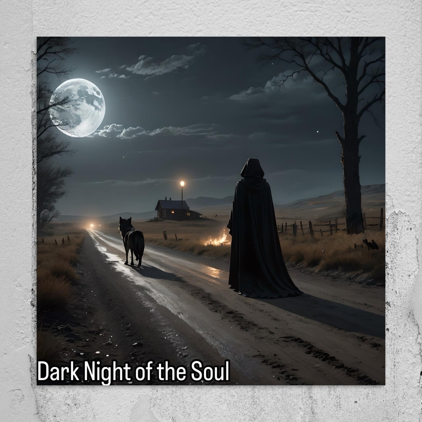 Dark Night of the Soul art print with a cloaked figure and wolf walking on a moonlit road is displayed against a grey wall with text included.