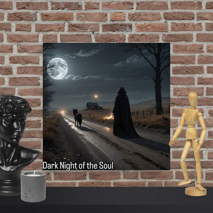 Dark Night of the Soul Art Print -Artistic wall art depiction of a hooded figure and wolf on a moonlit road displayed with a candle and statue on a brick wall, includes title text.