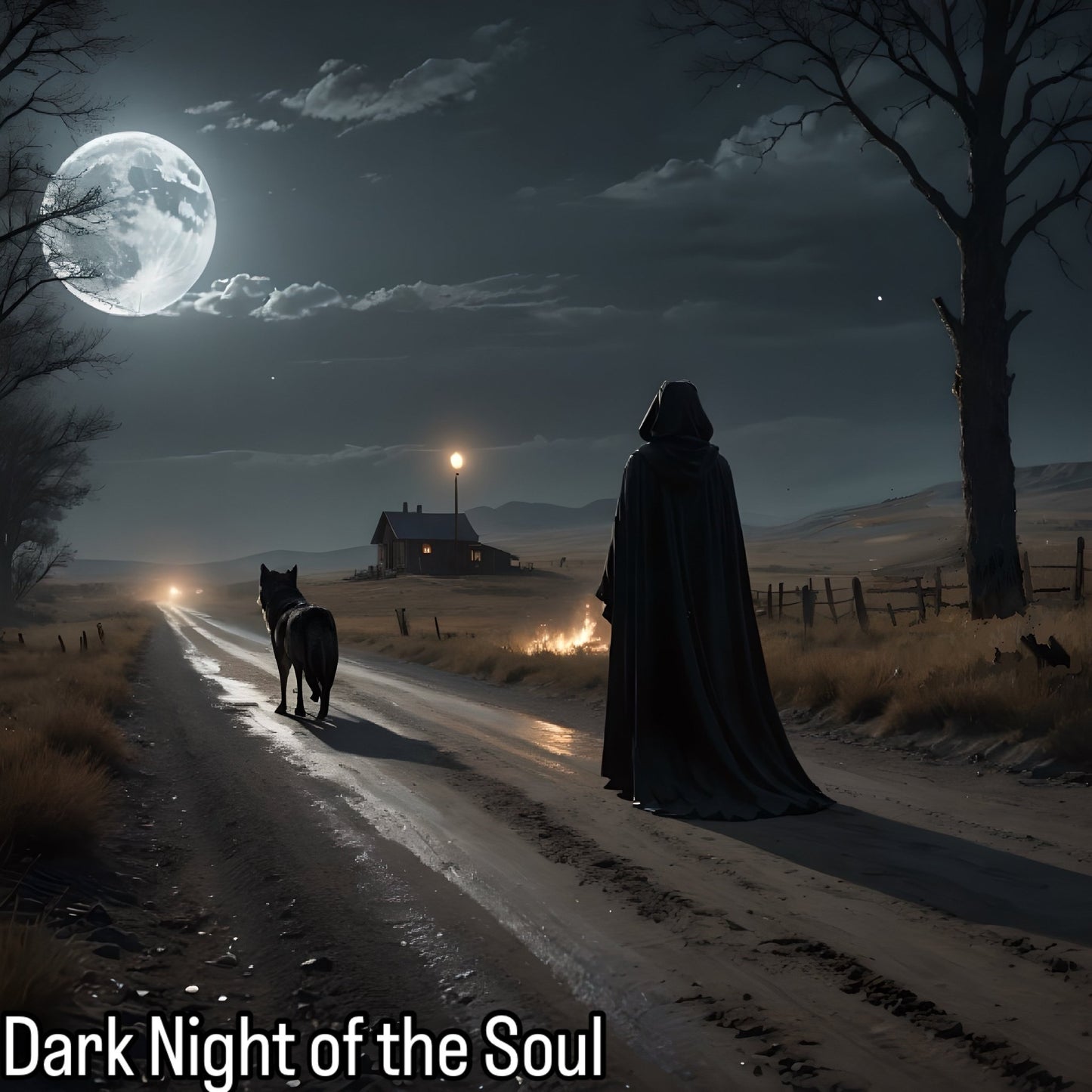 Dark fantasy art print featuring a hooded figure and a wolf on a moonlit road with text reading Dark Night of the Soul