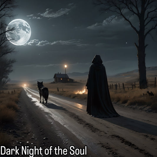 Dark fantasy art print featuring a hooded figure and a wolf on a moonlit road with text reading Dark Night of the Soul