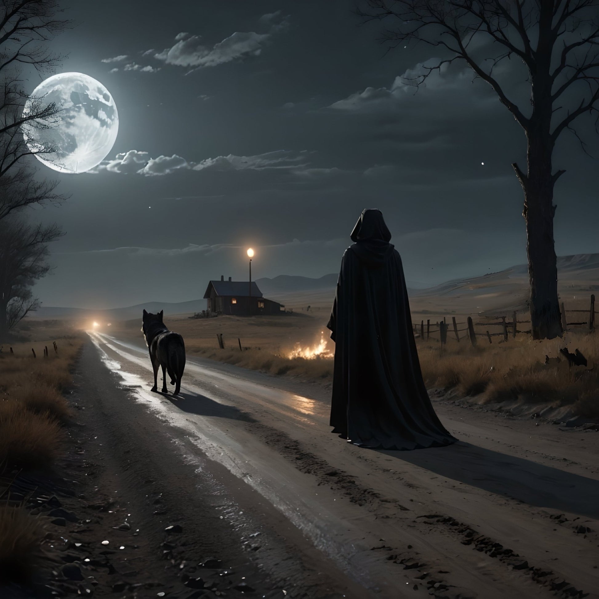Dark night of the Soul Art Print, a person in a dark cloak walking with a wolf on a moonlit road towards a glowing light distance,.