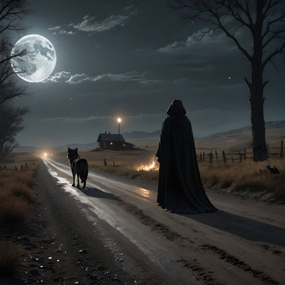 Dark night of the Soul Art Print, a person in a dark cloak walking with a wolf on a moonlit road towards a glowing light distance,.