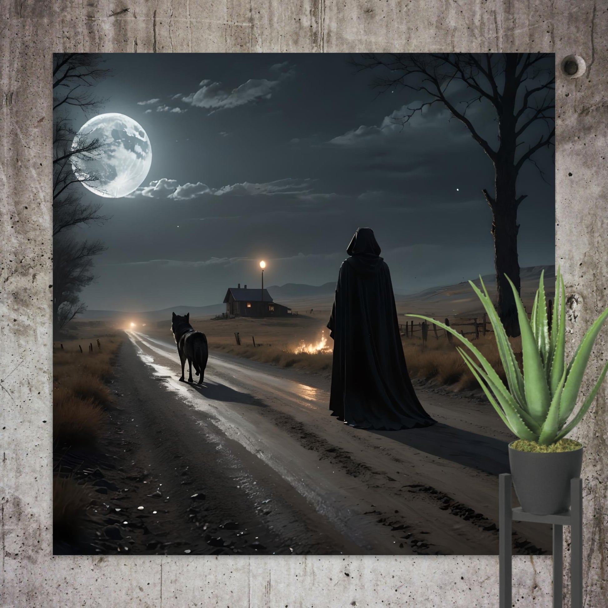 Dark Night of the soul art print of a hooded figure walking with a wolf under a full moon down the road towards the light,  displayed on a marble wall with a potted plant.
