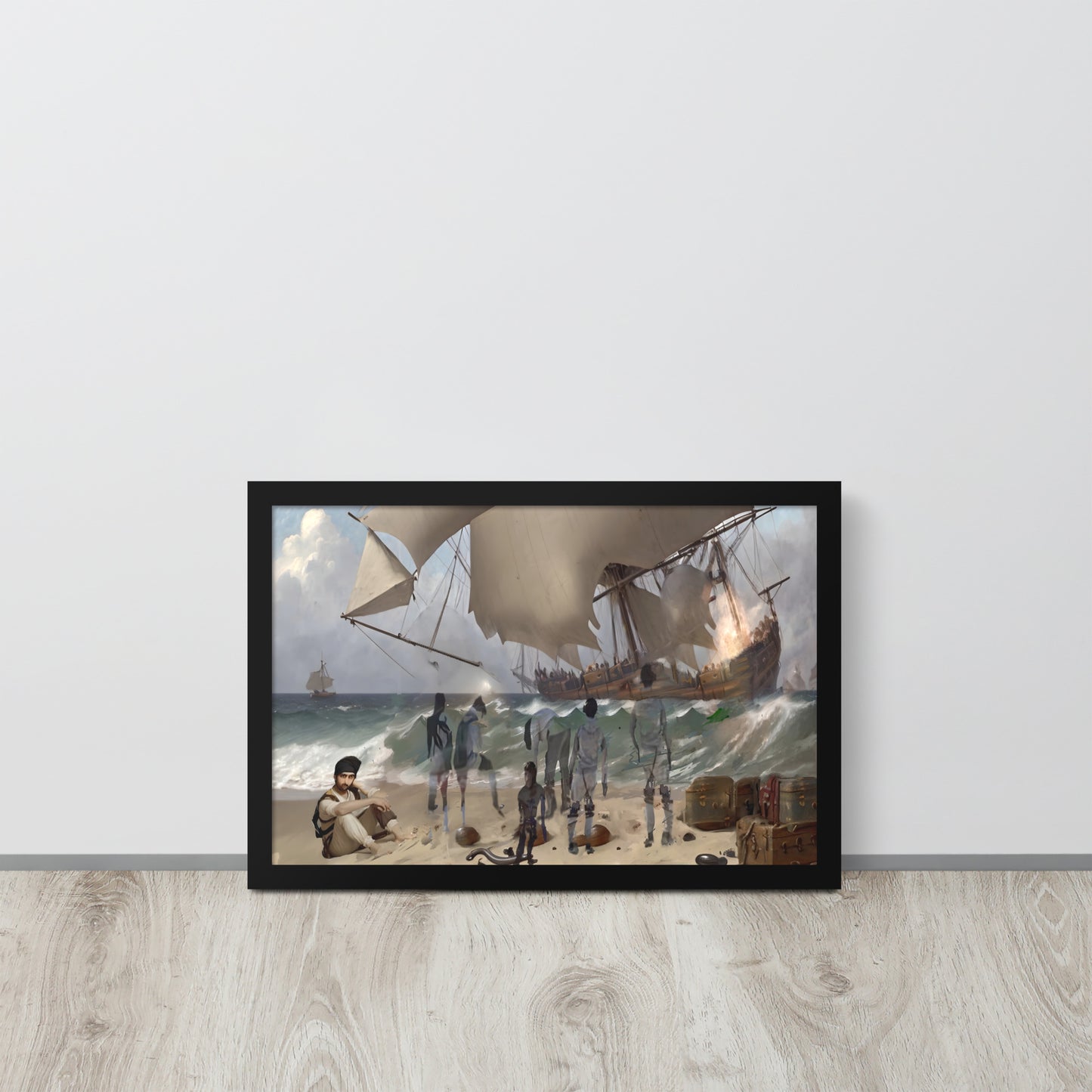 Shipwreck in Erresos is a dramatic maritime digital art print featuring a shipwreck scene with a large wooden sailing ship, rough seas, spectral figures on a sandy beach, and antique treasure chests. Framed and displayed against a grey wall.