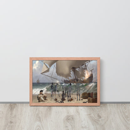 Shipwreck in Erresos, a dramatic maritime digital art print featuring a vintage shipwreck scene with a large wooden sailing ship, crashing ocean waves, and spectral figures on a sandy beach is framed with red oak and displayed against a grey wall.