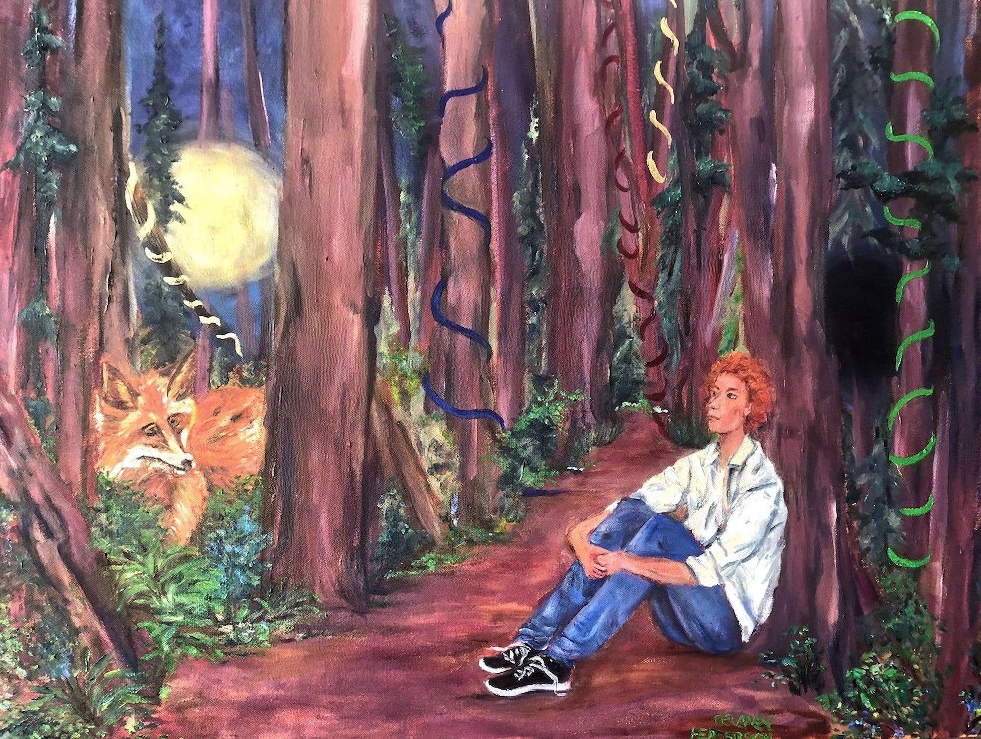 24x30 original oil painting of a red-haired figure sitting on a forest path next to a red fox under a full moon with colorful ribbons hanging from trees.