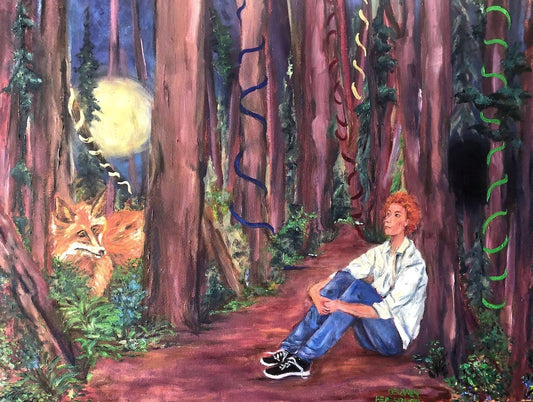 24x30 original oil painting of a red-haired figure sitting on a forest path next to a red fox under a full moon with colorful ribbons hanging from trees.