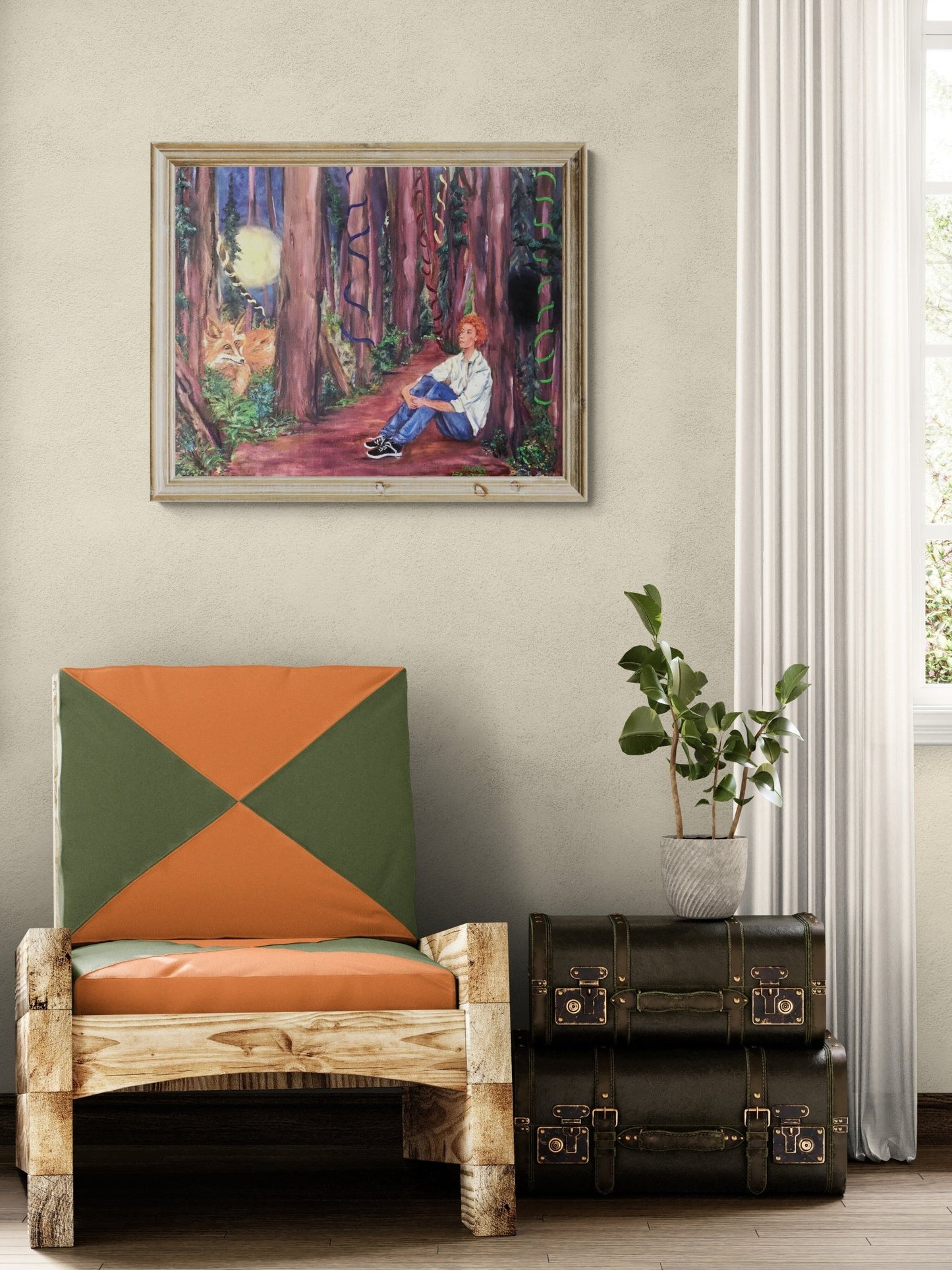Framed surrealist moonlit forest painting with a fox and seated figure staged and on a wall above a chair