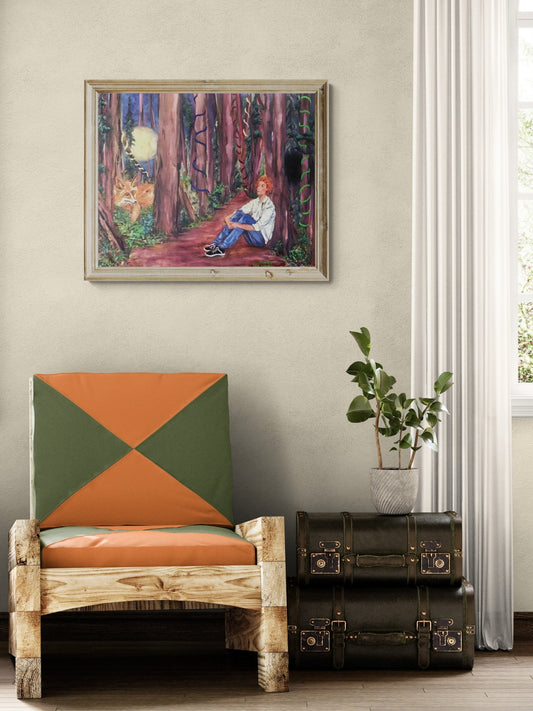 Framed surrealist moonlit forest painting with a fox and seated figure staged and on a wall above a chair